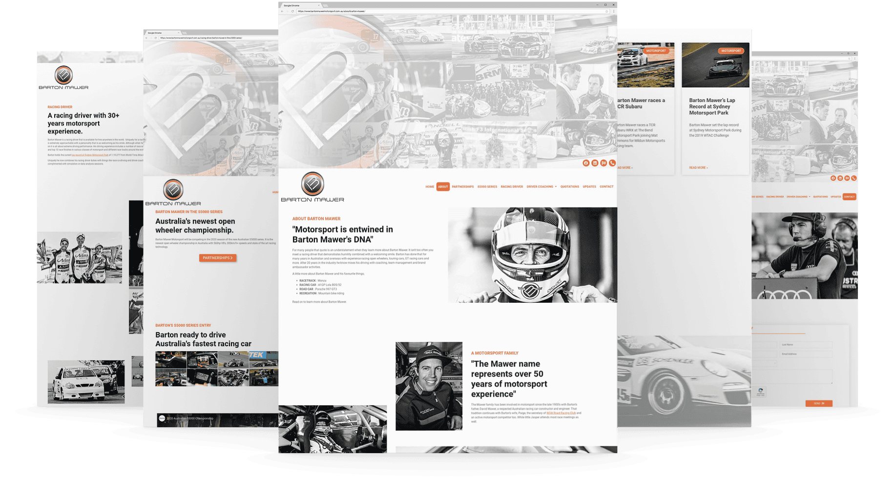 Case Study: Barton Mawer Motorsport Joomla to WordPress photo Barton Mawer website page mockups showing layouts & site styling
