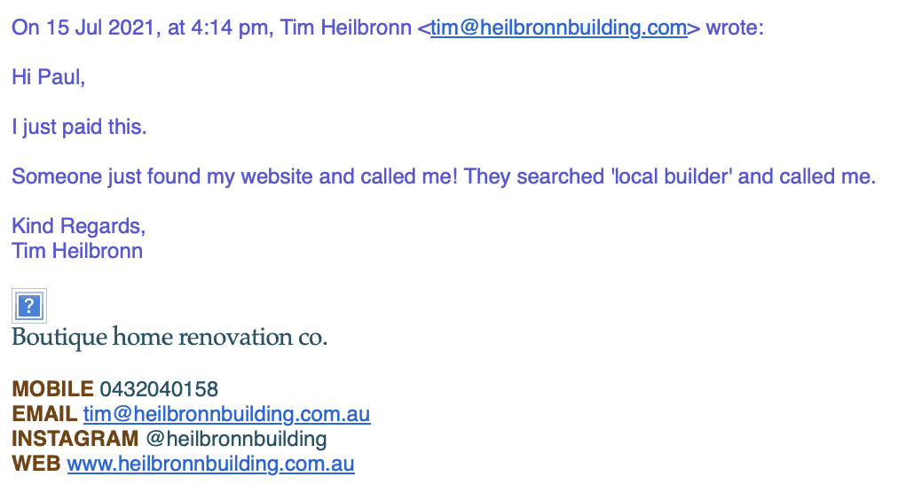 Case Study: Renovation builder local marketing for leads photo Client email confirming they received a lead from digital marketing consulting