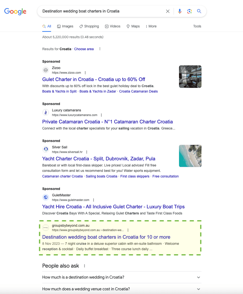 Case Study: Travel agent website with multiple strategies photo Travel website seo case study screenshot of 'destination wedding' search
