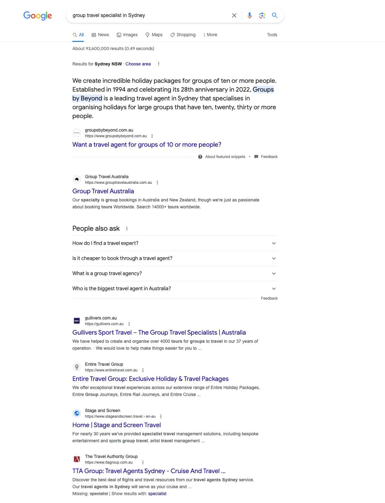 Case Study: Travel agent website with multiple strategies photo Travel website seo case study screenshot of featured snippet on search