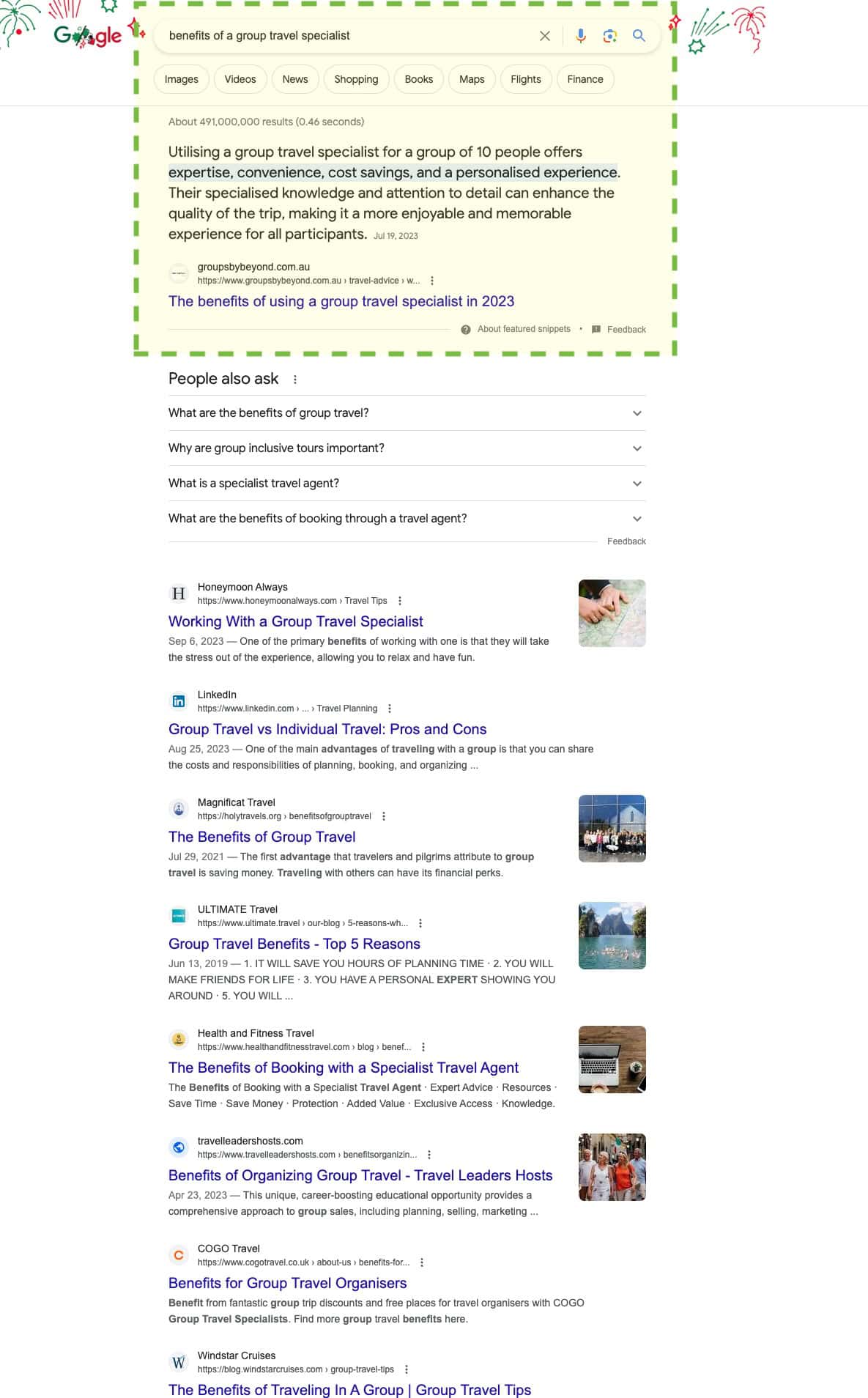 Case Study: Travel agent website with multiple strategies photo Travel website seo case study screenshot of featured snippet on suitable topic