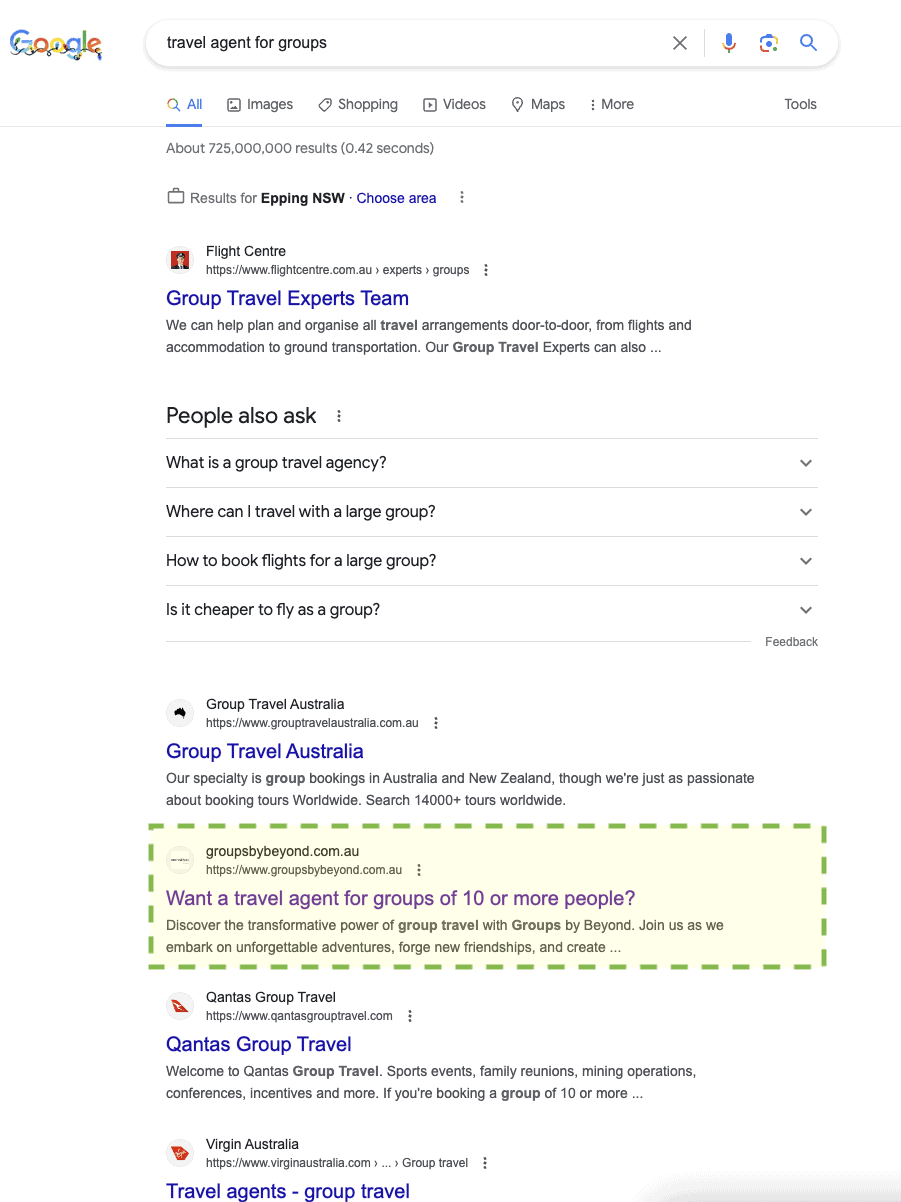 Case Study: Travel agent website with multiple strategies photo Travel website seo case study screenshot of 'travel agent for groups' search result