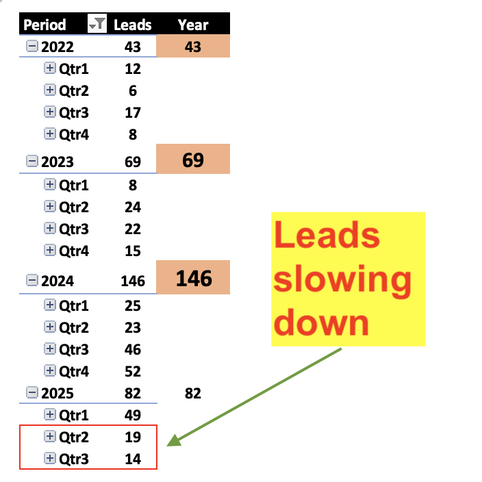 Lead volume tracked by Quarter showing year on year decline after a website relaunch