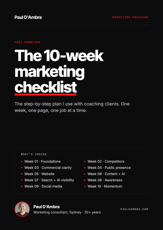 Cover of the free 10-week marketing checklist by Paul D'Ambra