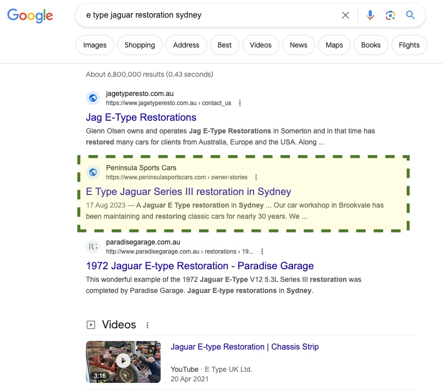 Case Study: Classic car mechanic website with 290+ enquiries photo Classic car workshop appearing position 2 on Google SERP