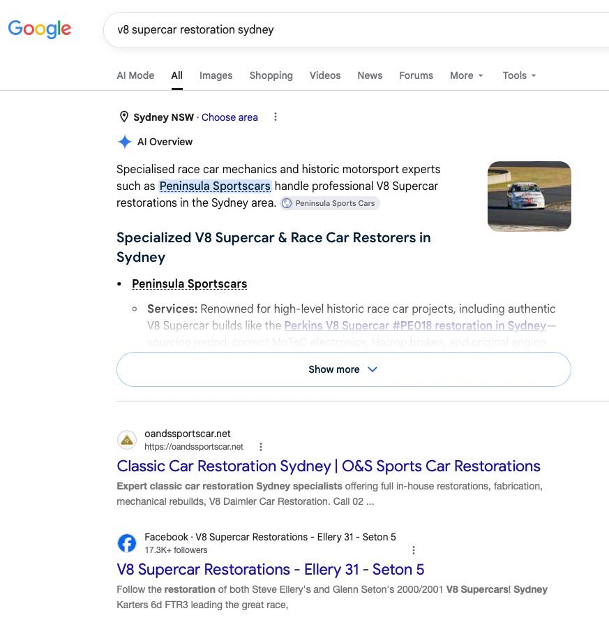 Case Study: Classic car mechanic website with 290+ enquiries photo Google AI SERP screenshot of classic car automotive workshop in first result