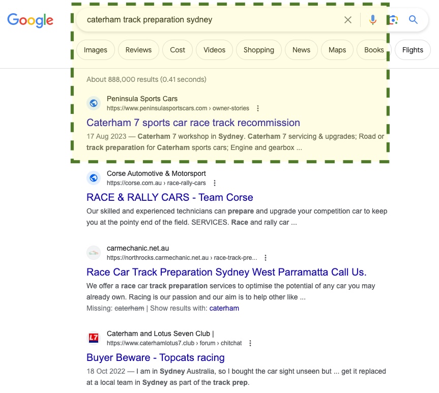 Case Study: Classic car mechanic website with 290+ enquiries photo Google SERP screenshot of first page position for a classic car workshop