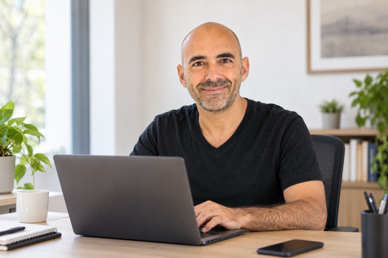 Paul D'Ambra sitting at a desk with his laptop Large