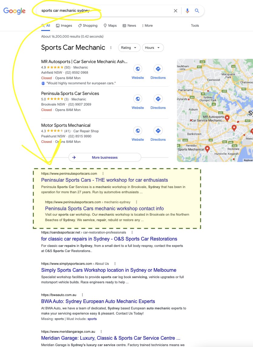 Case Study: Classic car mechanic website with 290+ enquiries photo Screenshot of Google SERP for classic car automotive workshop appearing in top 3 positions